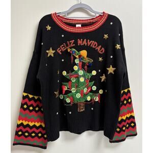 Holiday Time Black Festive Sweater with Multicolor Accents In Spanish